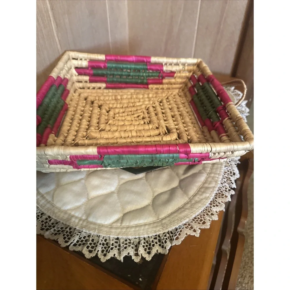 handmade vintage woven grass or palm tray basket